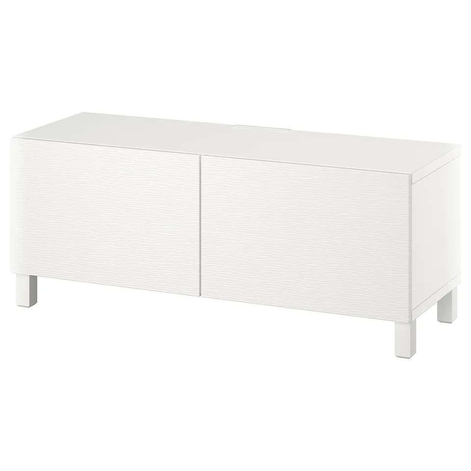White BESTÅ tv bench, rectangular, two doors, minimalist design, wood material.