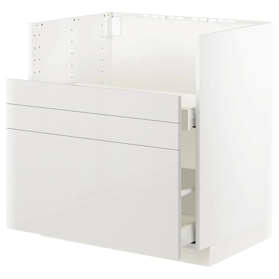 White modern kitchen cabinet with open drawer, sleek design, high-gloss finish, sturdy frame.