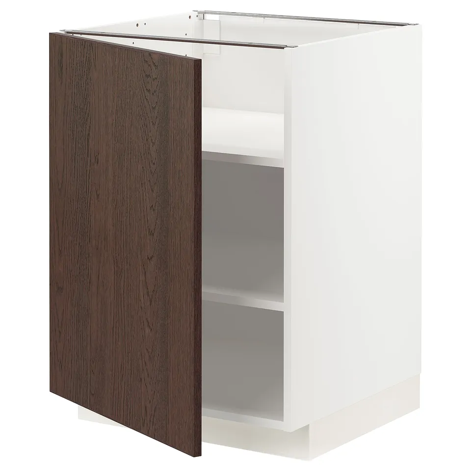 Depicts a white ikea METOD kitchen cabinet with a dark brown wooden door. The cabinet two shelves and a modern design.