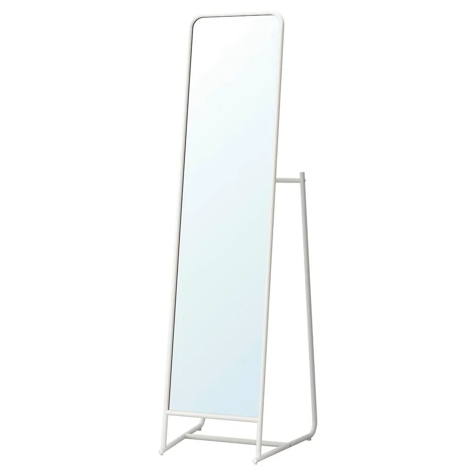 A KNAPPER white floor mirror with hooks, rail, and a modern design. Its great for bedrooms and bathrooms.