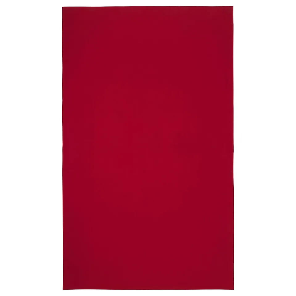 Red rectangular cotton towel. Solid colour, plain design.