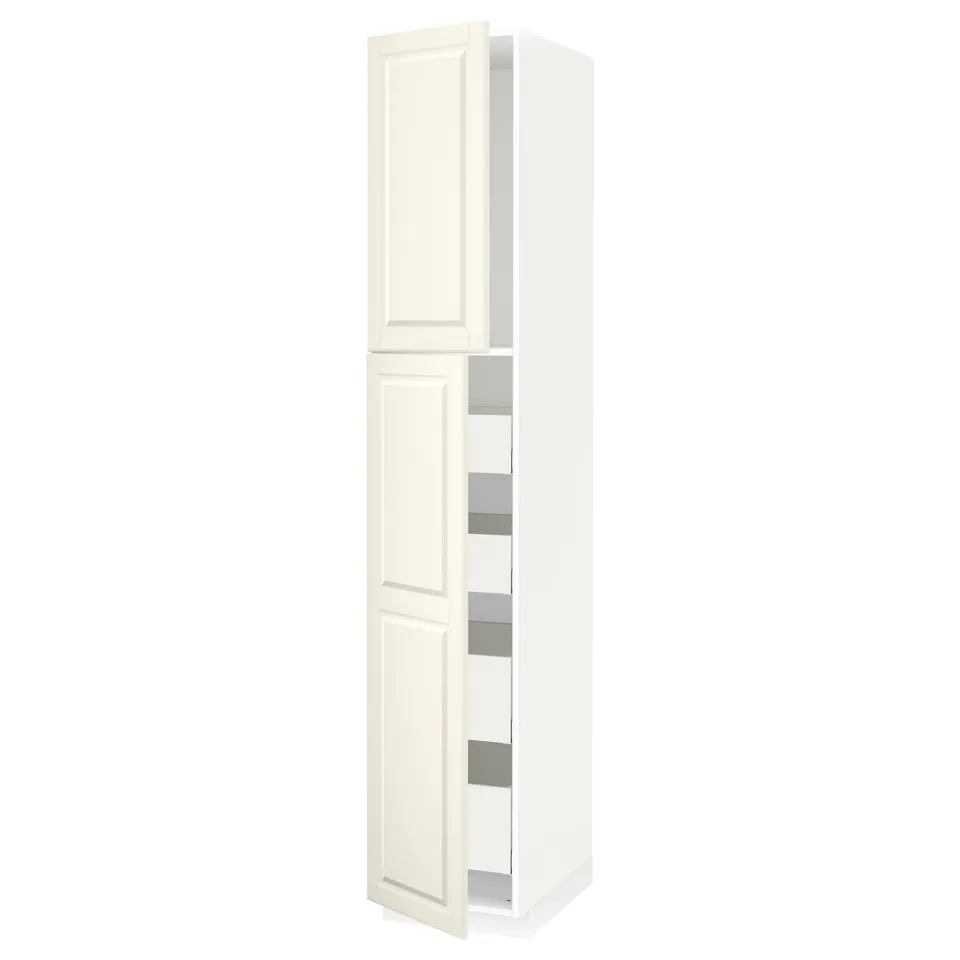 White METOD kitchen cabinet with bodbyn off-white doors and modern bevel design.