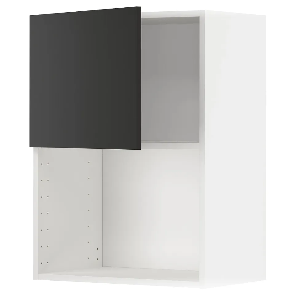 A white METOD wall cabinet with a black door and adjustable shelf. Modern, sleek design with a 25-year guarantee.