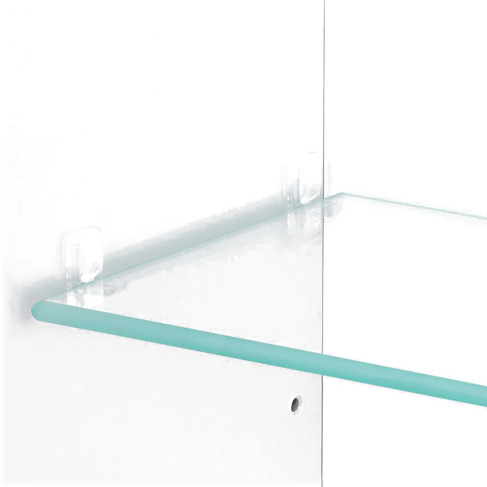 Clear, modern glass shelf mounted with sturdy plastic clips in a sleek cabinet. Quality materials and clean installation evident.