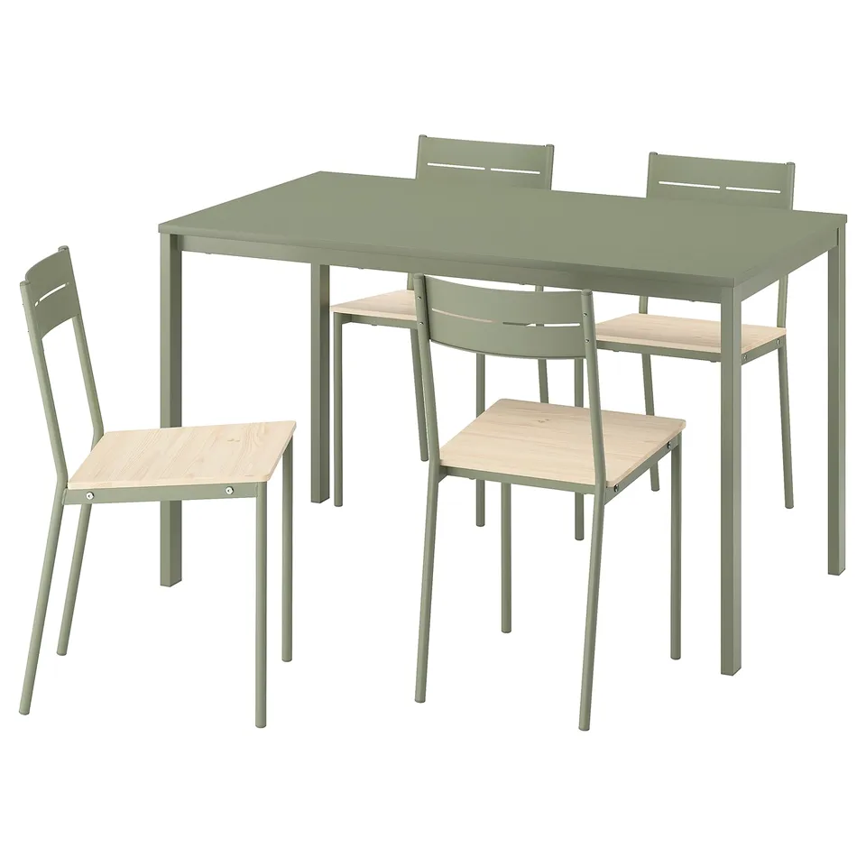A green VIHALS dining set with a rectangular table and four matching chairs. Modern design with metal frames and wooden seats.