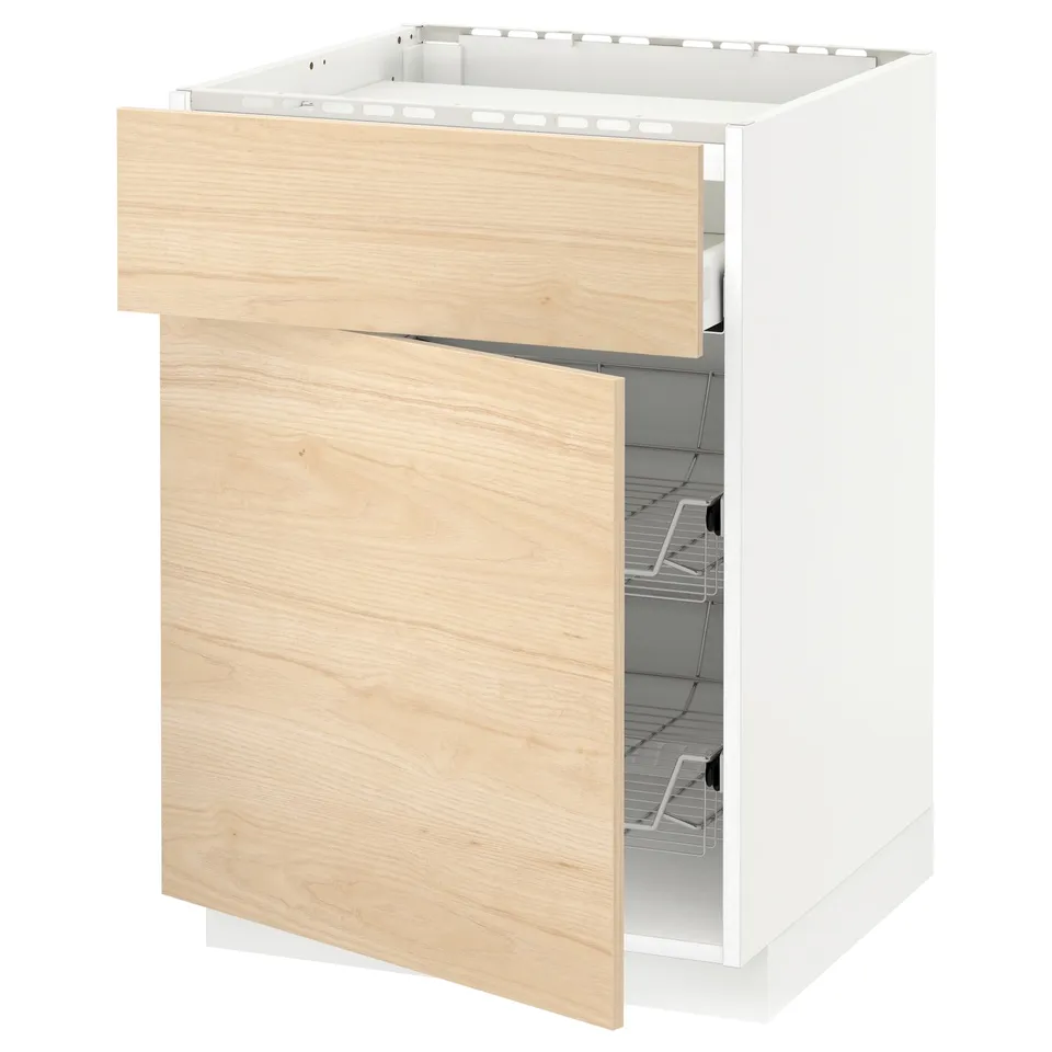 Modern kitchen cabinet, light wood drawers, white frame, open wire shelves, light, natural look.