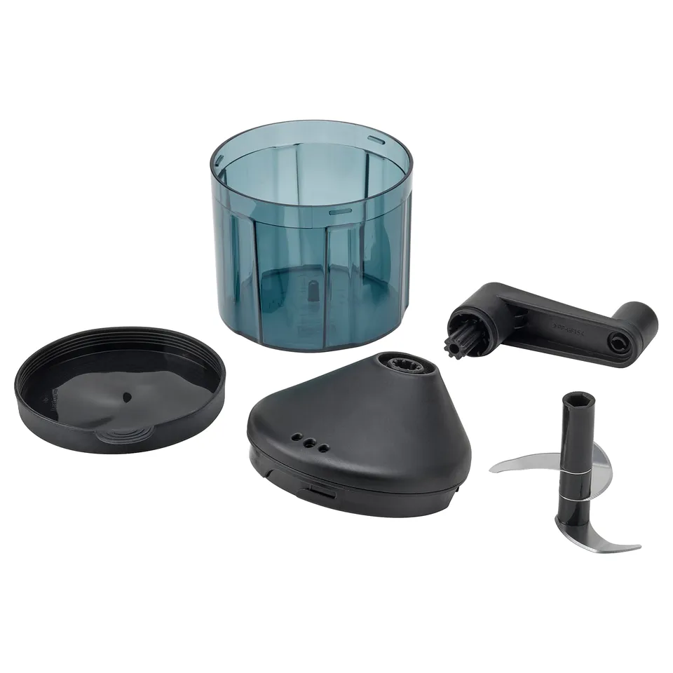 Blue plastic food processor kit with black accessories, including a lid, blade, and handle.