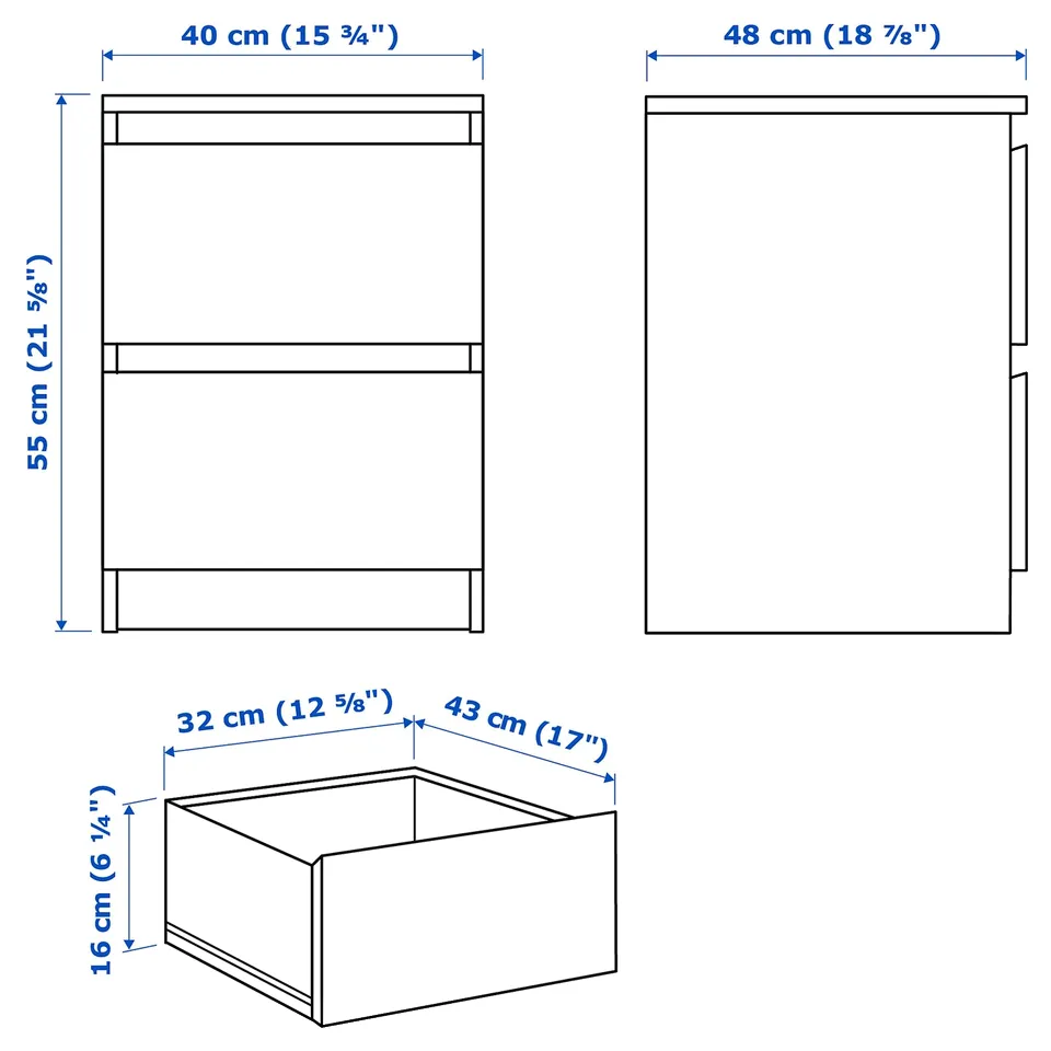 Illustration with measurements for the product: MALM.