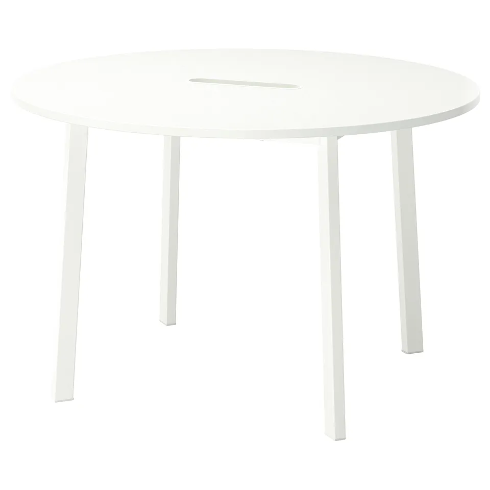 A white round conference table named mitzon, perfect for small group discussions.