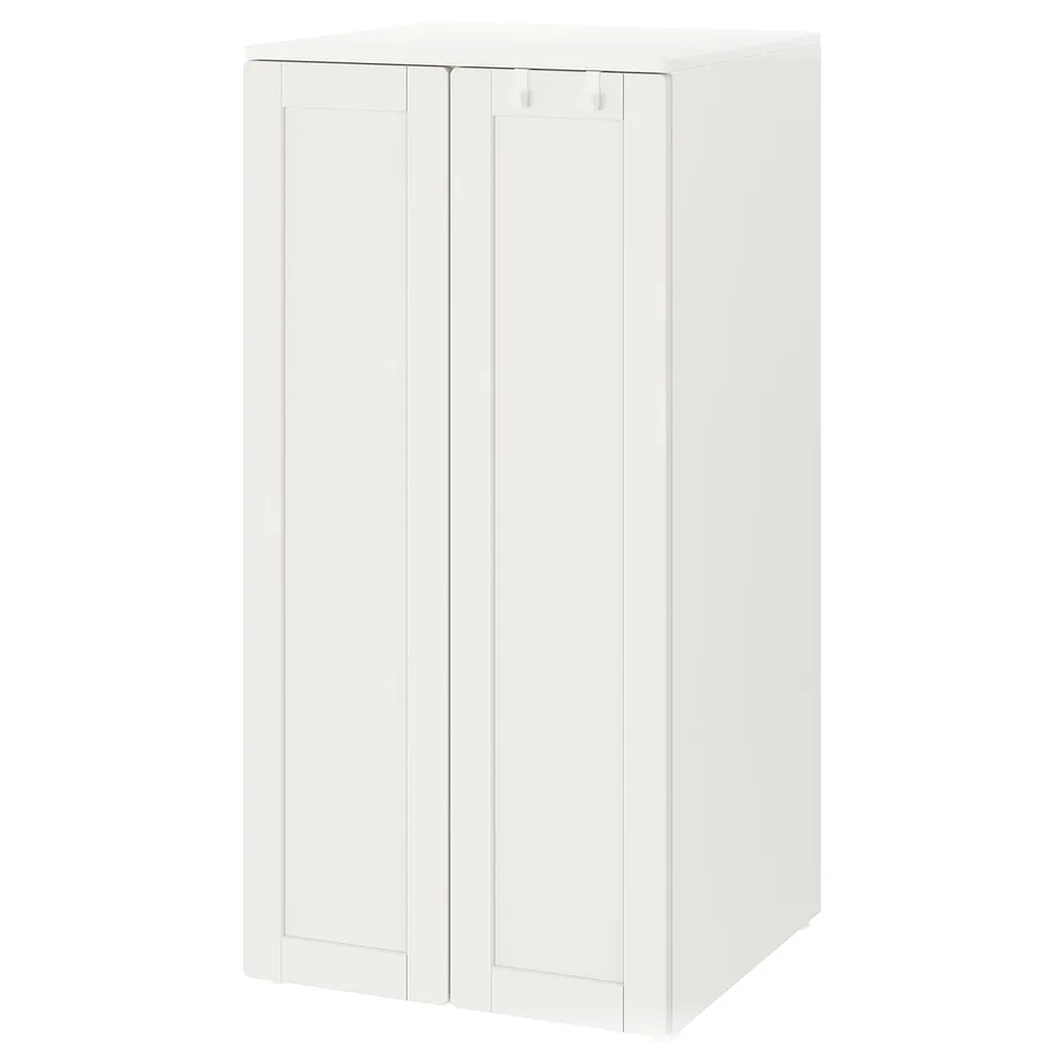 White SMÅSTAD kids wardrobe, square, with 2 doors, adjustable height, soft-closing hinges.