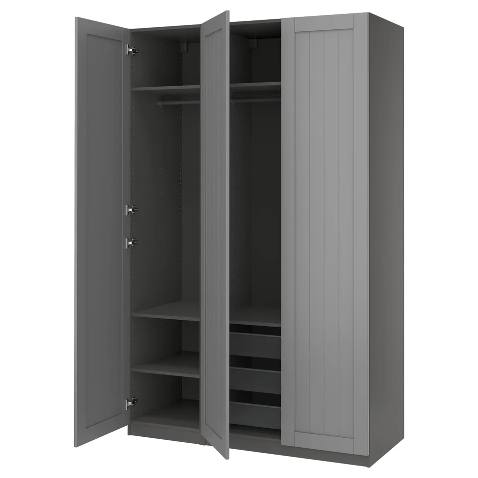 Grey PAX wardrobe, open doors revealing shelves and hanging rod, flat design.