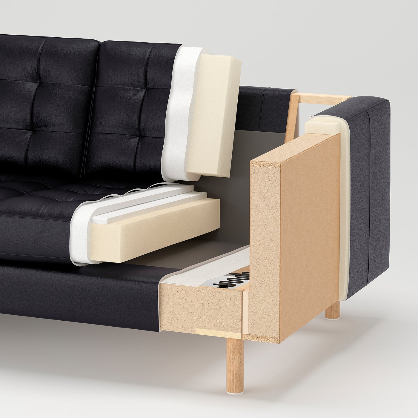 Exploded sofa view: outer leather, foam layers, wooden frame, metal supports.