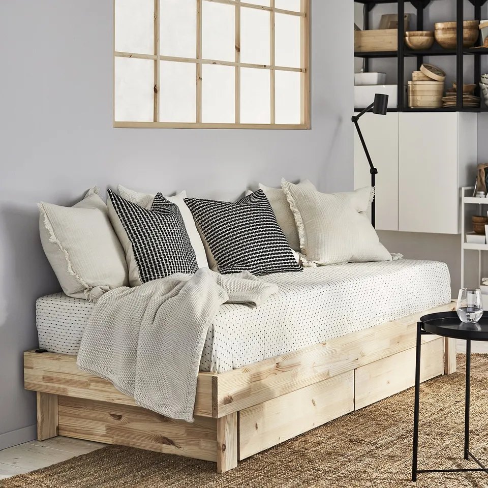 GLAMBERGET Bedroom furniture, set of 3, pine/Katorp beige, 80-160x200 cm