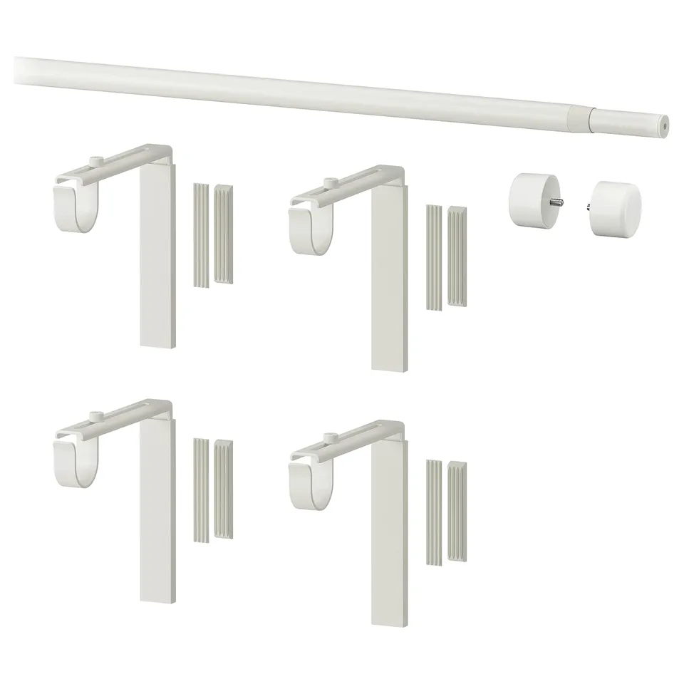 A white RÄCKA curtain rod kit with 4 adjustable brackets, 2 finials, and extension sleeves.