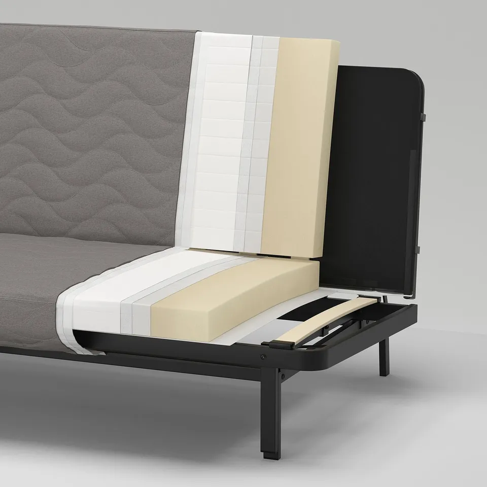 Cut-away sofa-bed showing: steel frame, foam layers, polyester cover, polypropylene back, wood slats, cotton-polyester lining.
