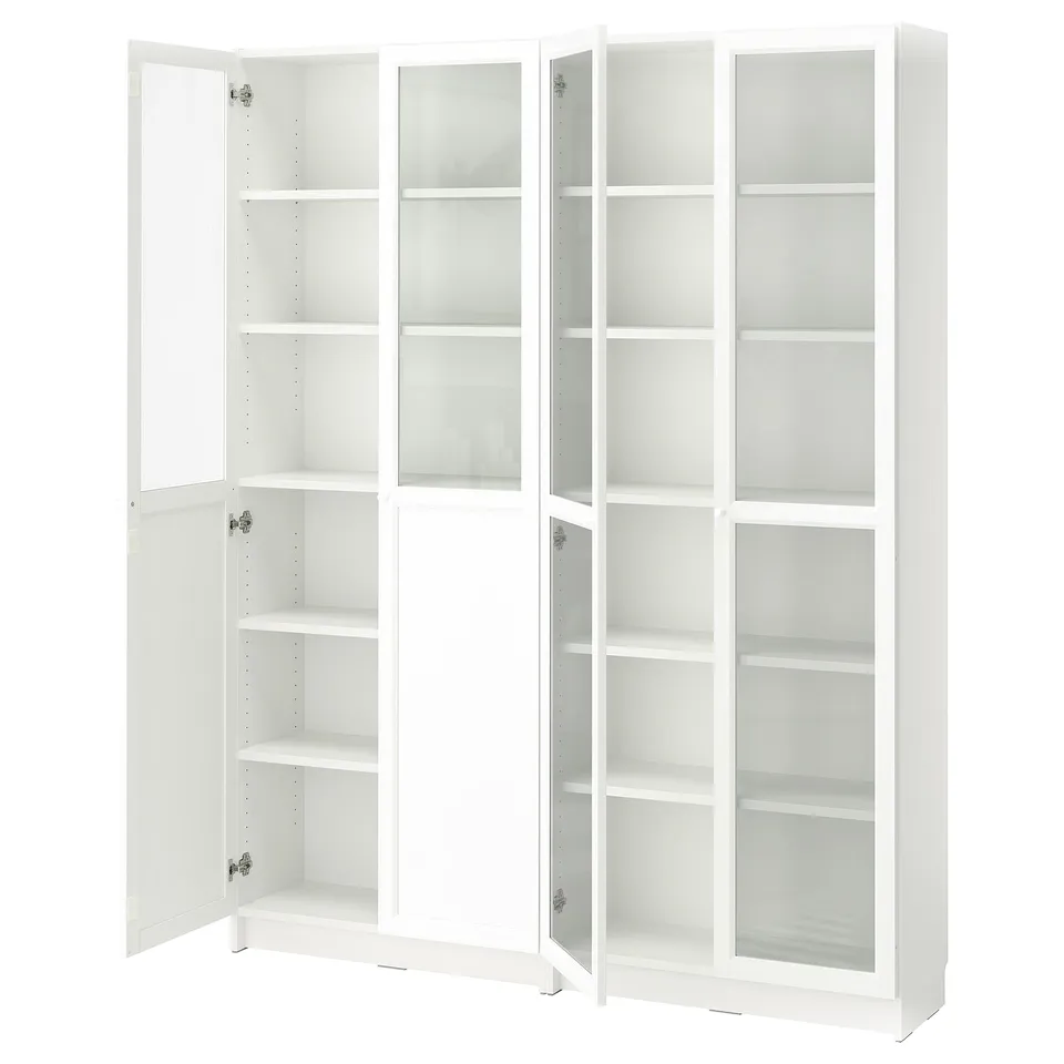 White BILLY bookcase with glass doors, modern design, ideal for storage.