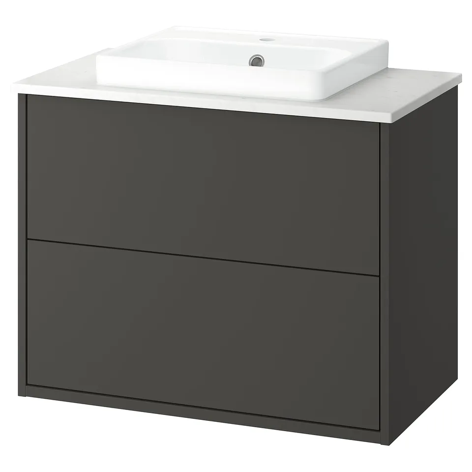 Grey HAVBÄCK bathroom vanity, dark drawer, white stone countertop, rectangular sink.