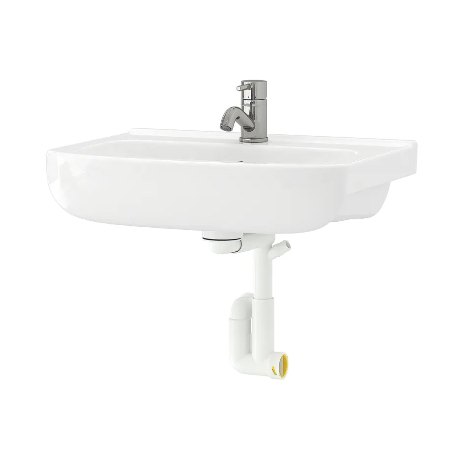 White wall-mounted sink, chrome tap, ceramic, rectangular basin.