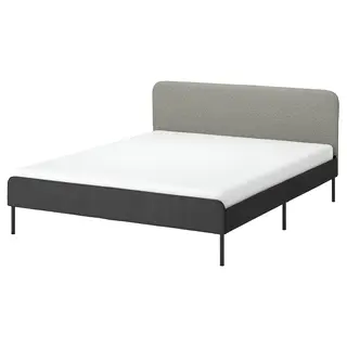 SLATTUM upholstered bed frame, Vissle dark grey/incl slipcover for headboard Öreryd grey/beige, 150x200 cm