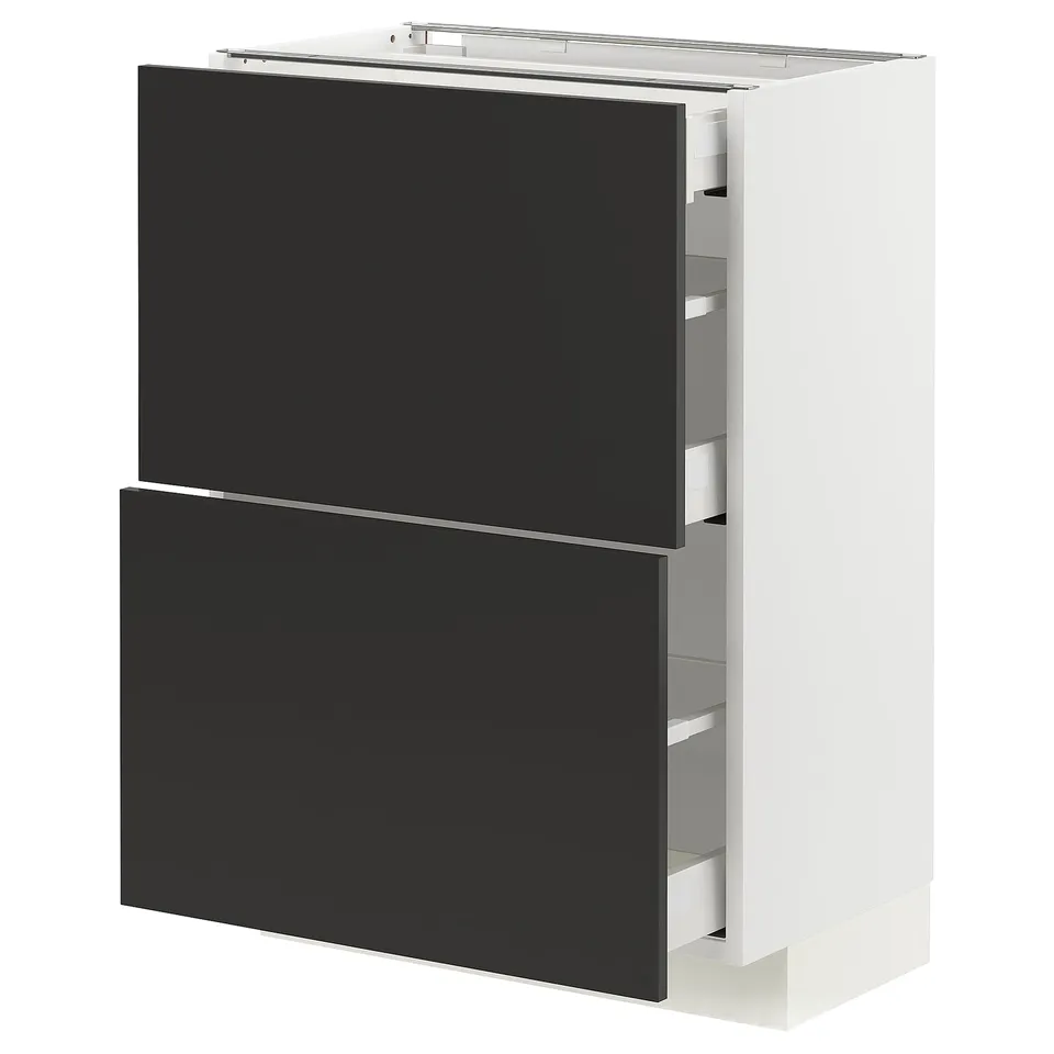 Black and white kitchen cabinet with multiple drawers, modern style.