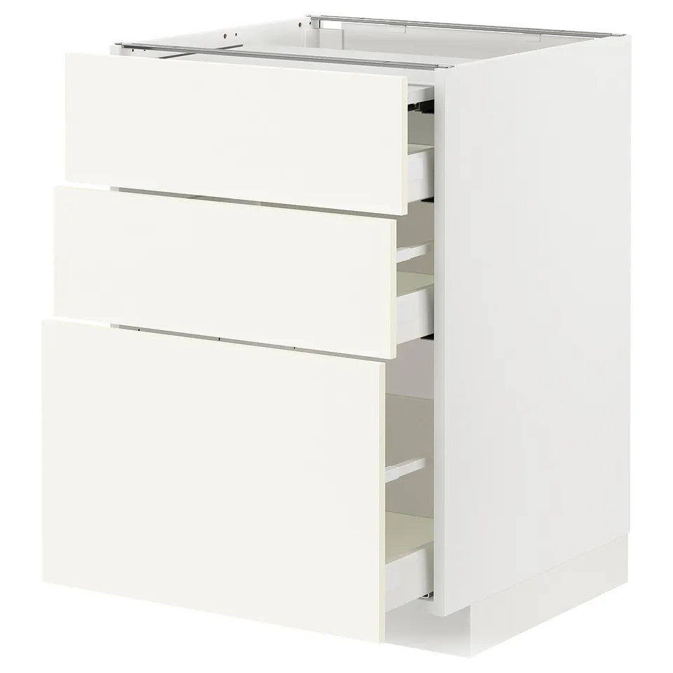 White METOD kitchen cabinet with multiple drawers in modern design.