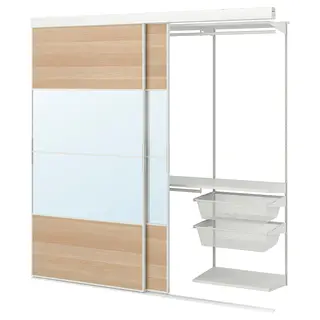 SKYTTA / BOAXEL reach-in wardrobe with sliding door, white Mehamn/Auli/white stained oak effect mirror glass, 202x65x205 cm