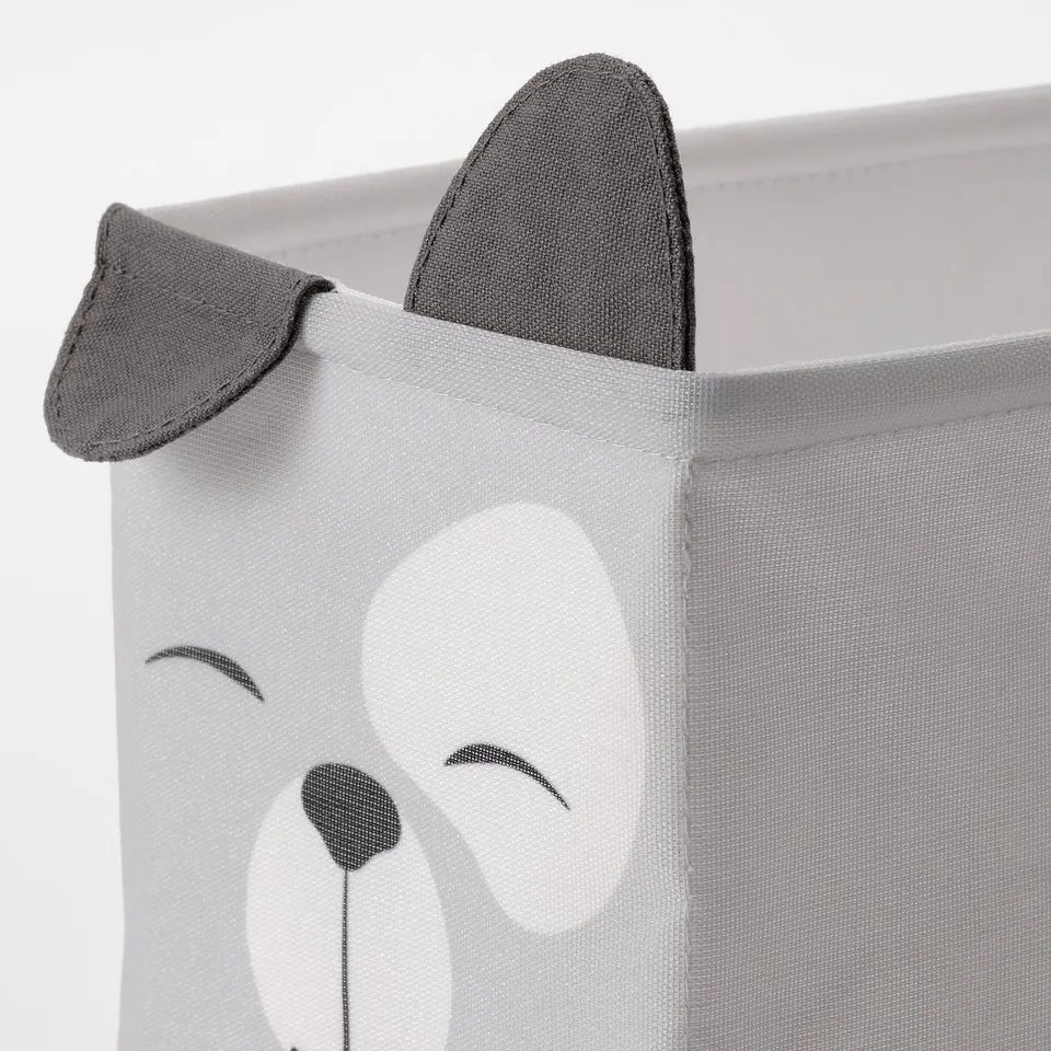 Decorative storage bin with dog design, soft fabric, sturdy construction.