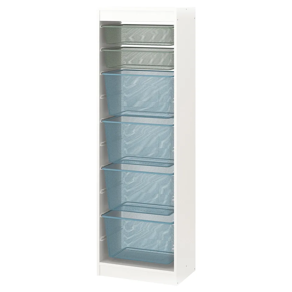 A white TROFAST storage unit with blue mesh drawers, ideal for organising items.