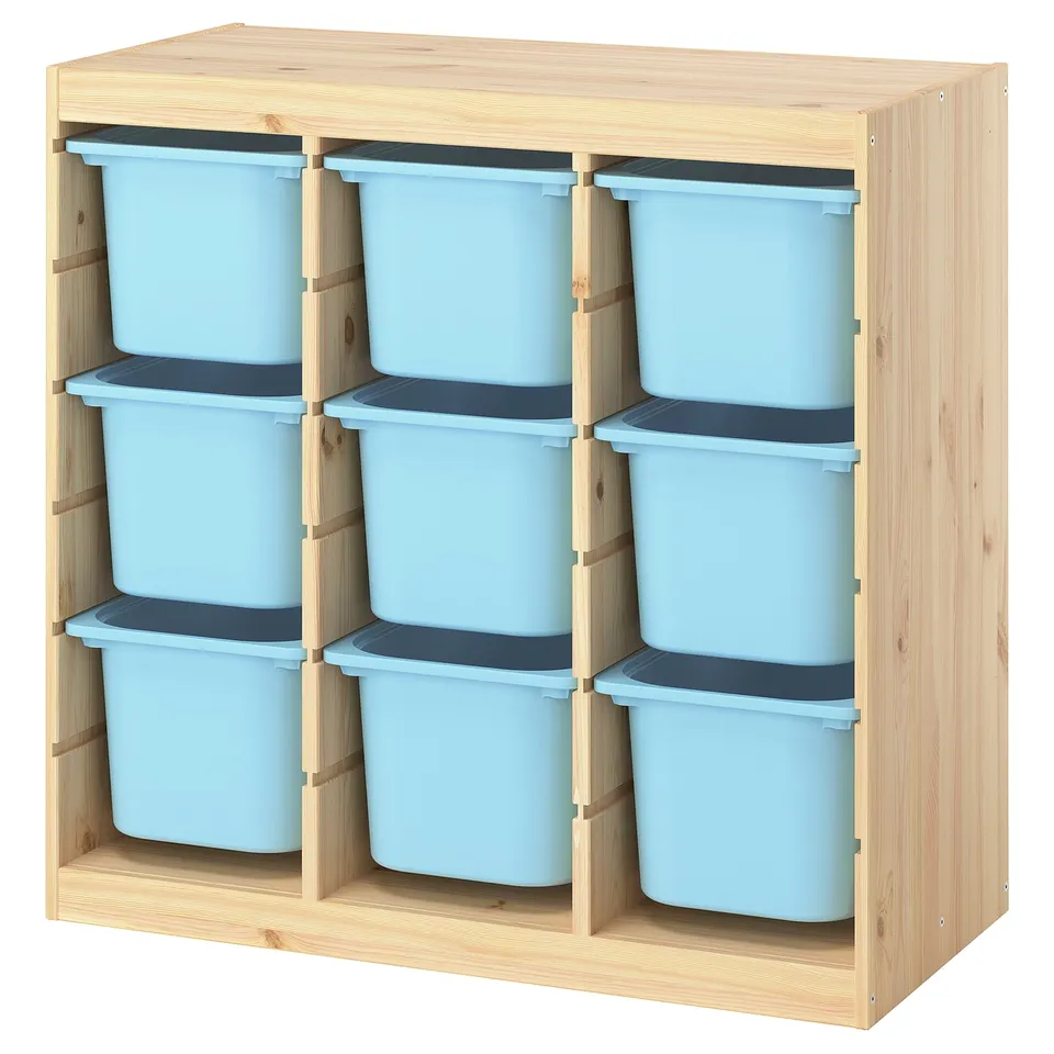 TROFAST Storage combination with boxes, room divider/light white stained pine light blue, 93x44x91 cm