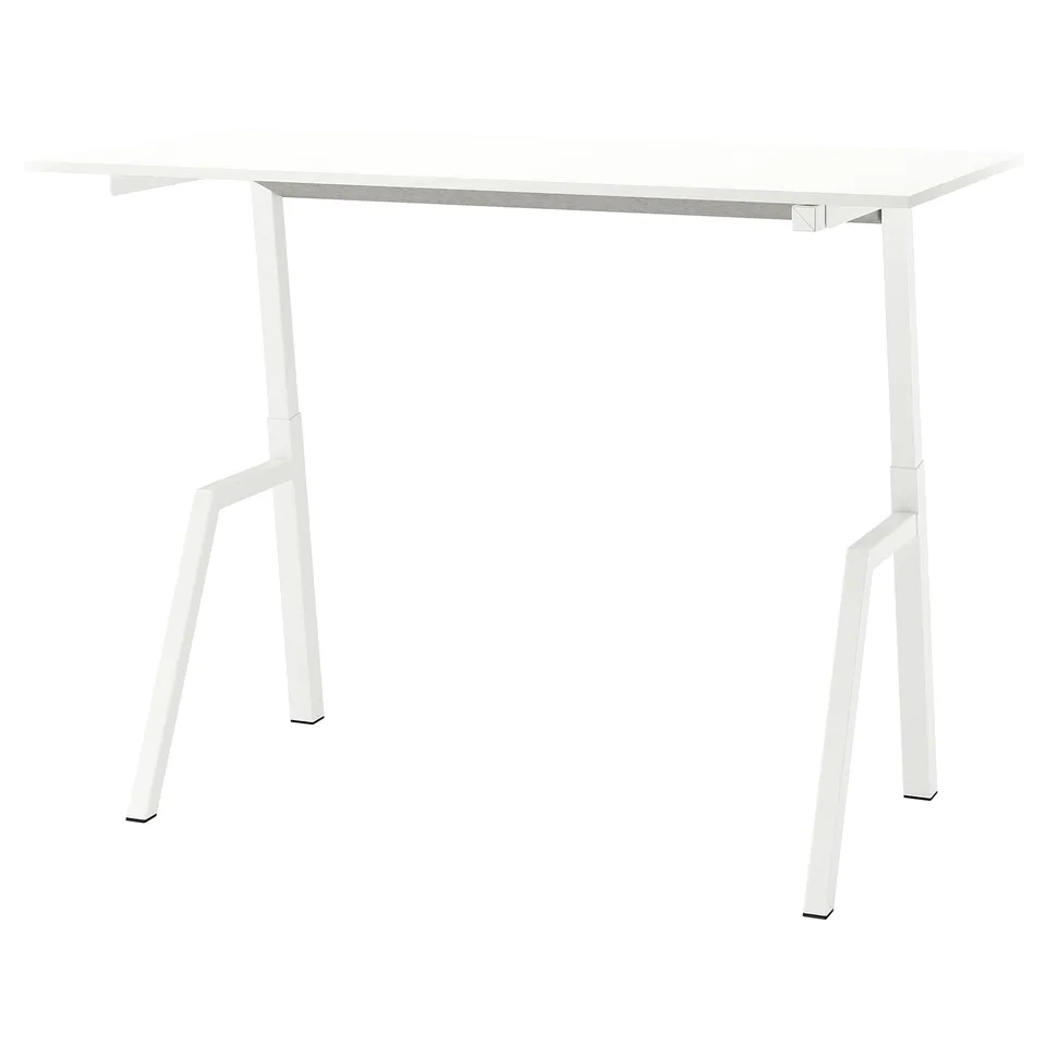 White adjustable standing desk with metal legs and rectangular top.