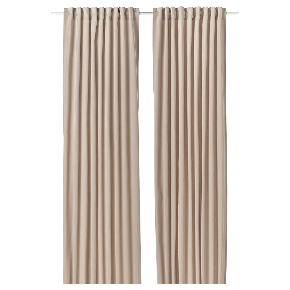 Light beige curtains, made of 100% cotton velvet, hanging straight with rod pockets on top.