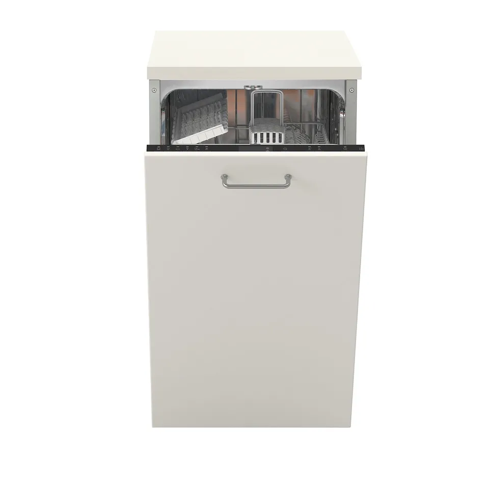 Built-in white dishwasher with one handle and upper basket visible.