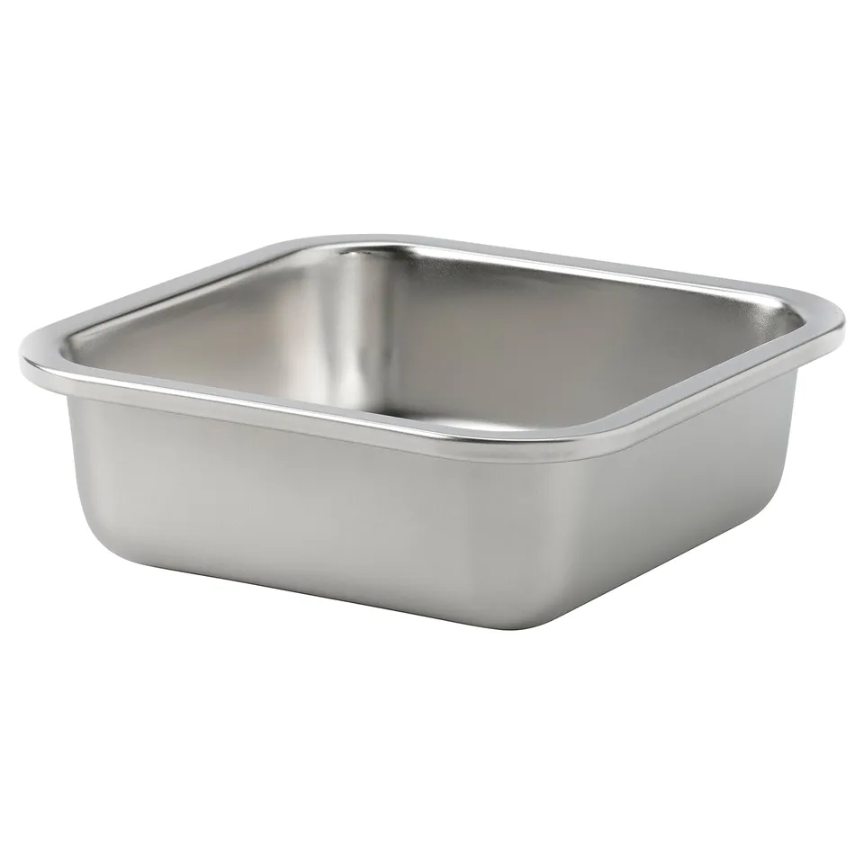 IKEA 365+ stainless steel oven-safe food container, square, plain design.