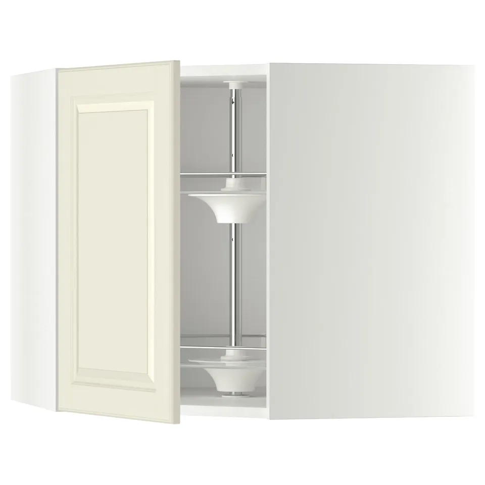 A cream-colored METOD kitchen cabinet with a glass carousel and adjustable shelves.