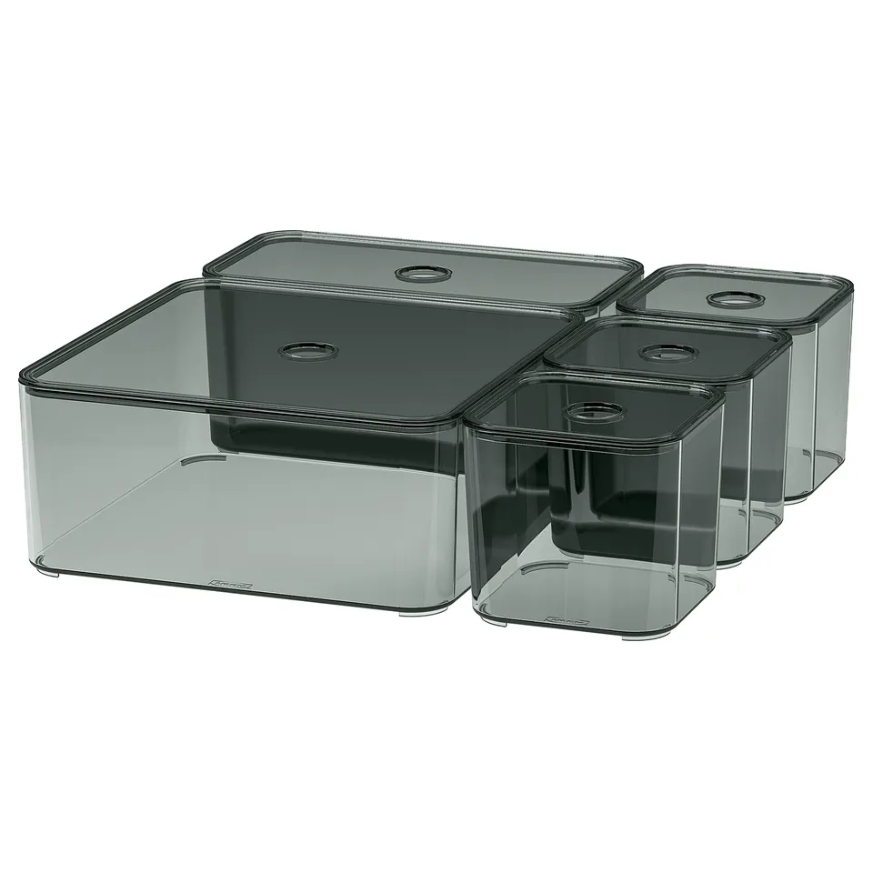 Set of 5 grey, transparent plastic storage boxes with lids for drawer organisation.