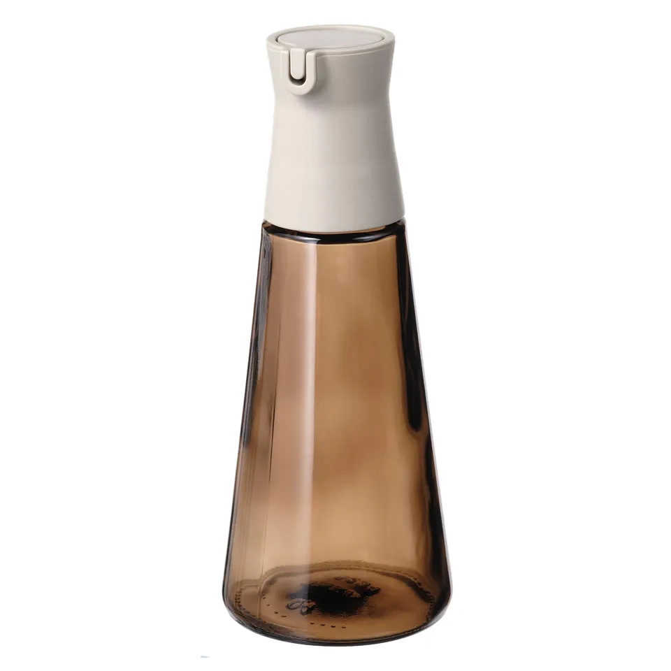 HALVTOM bottle, smoky brown glass, white cap, tapering shape, ideal for oils/vinegar.