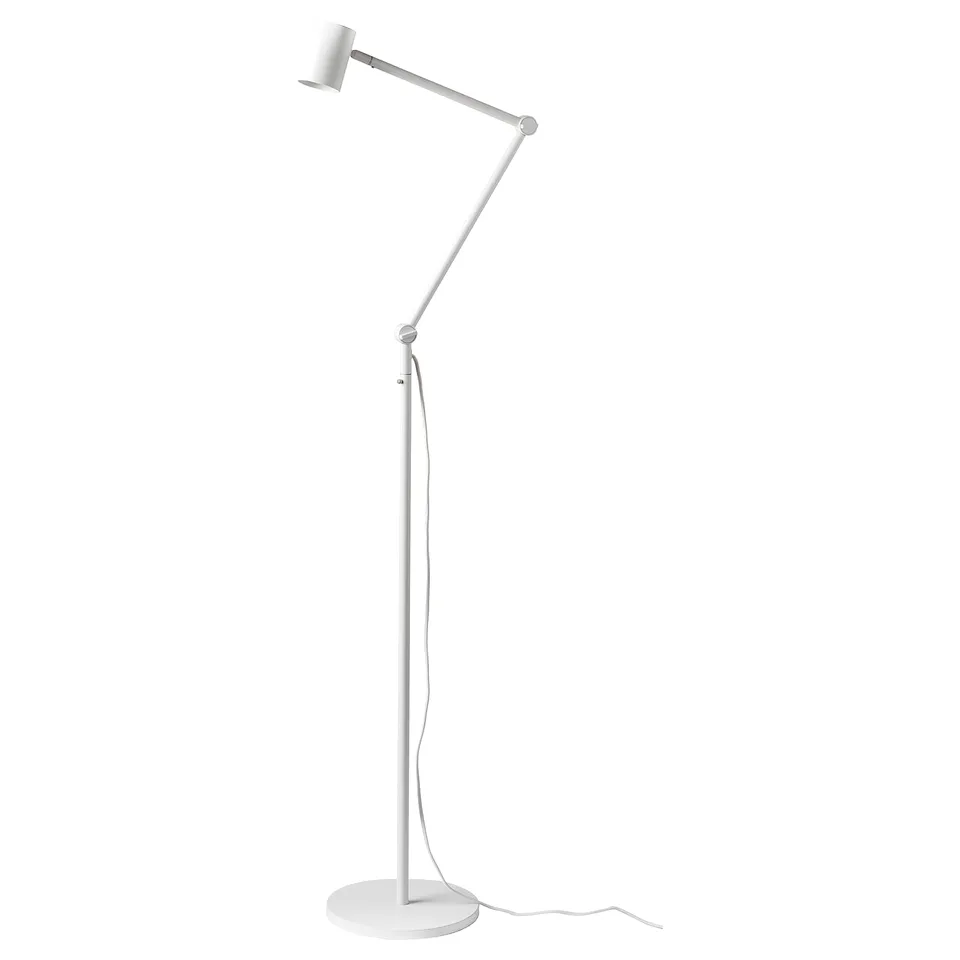 The NYMÅNE lamp is a white, adjustable, modern floor lamp with sleek design, made from steel and aluminium for durability and style.