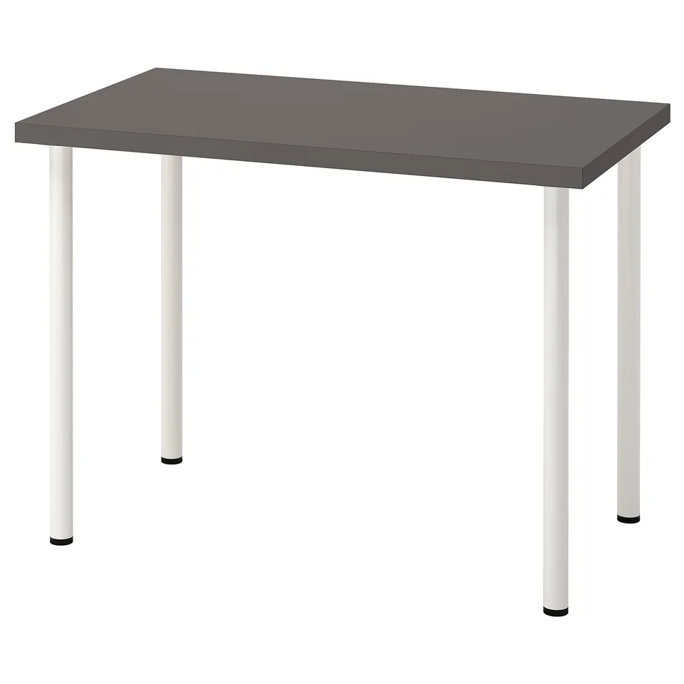 LINNMON: rectangular desk, dark grey top, white legs, modern minimalist design.