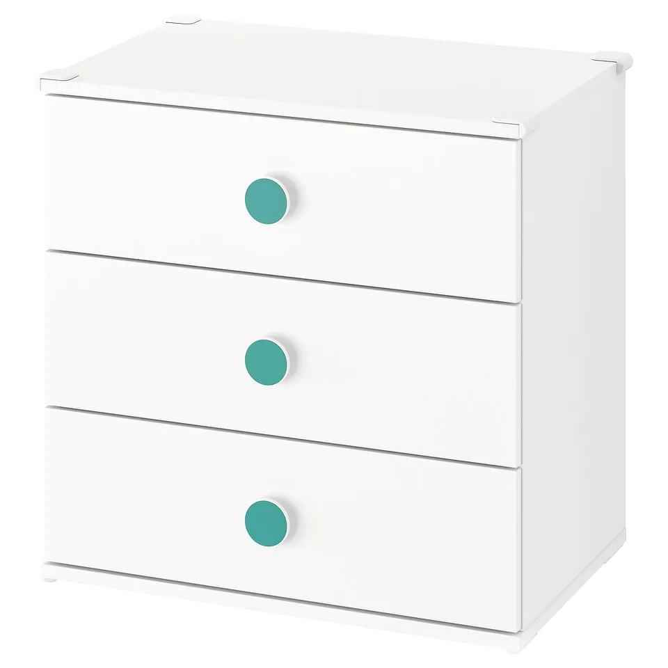 White GODISHUS kids chest with 3 drawers, blue knobs.