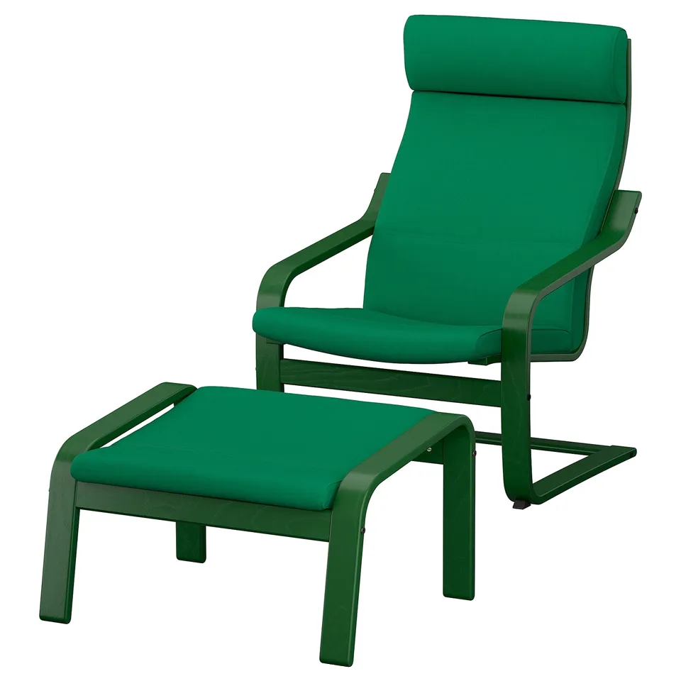 Green POÄNG armchair and footstool. Modern, curved wood, padded for comfort.