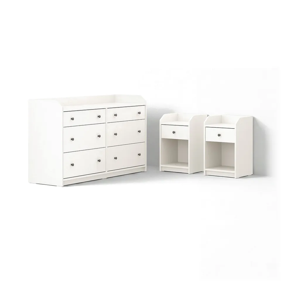 Three-piece white bedroom set: dresser, two nightstands. Minimalist design, ample storage.