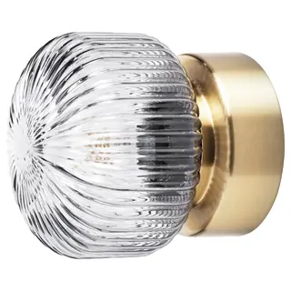 SOLKLINT wall lamp, wired-in installation, brass/grey clear glass, Depth 17 cm