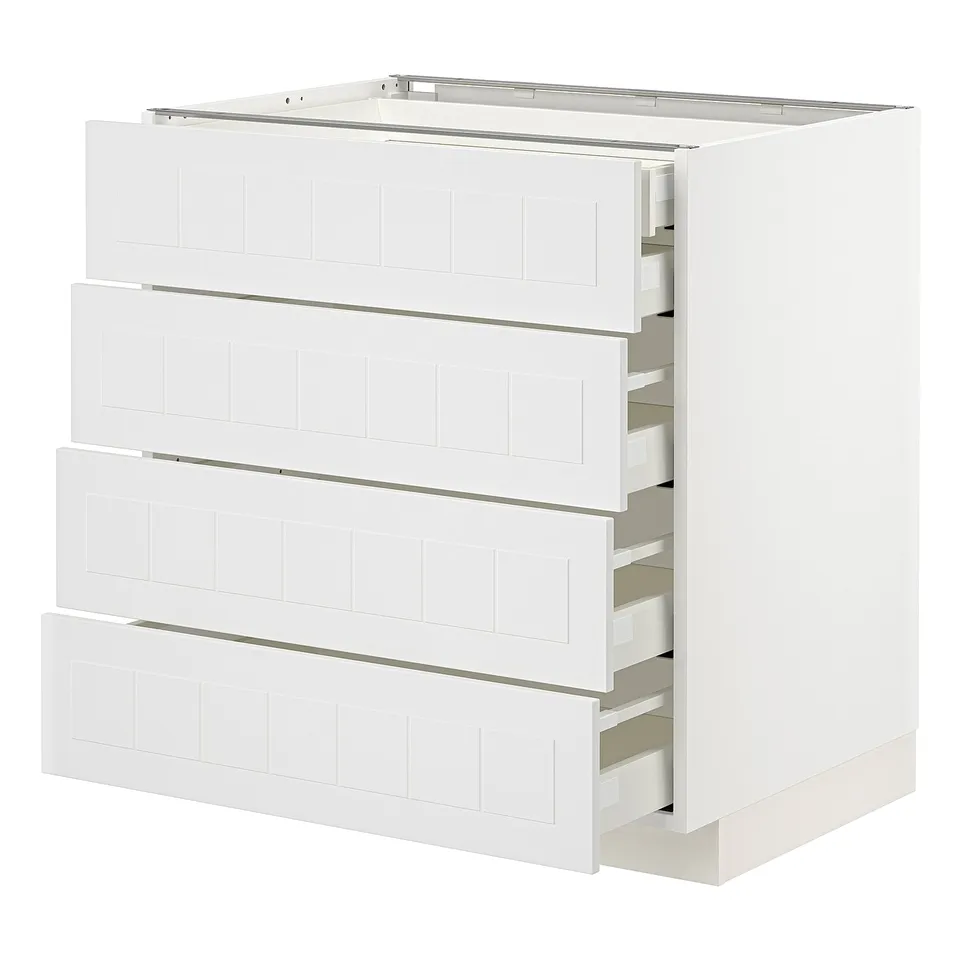 METOD kitchen unit in white with multiple drawers.