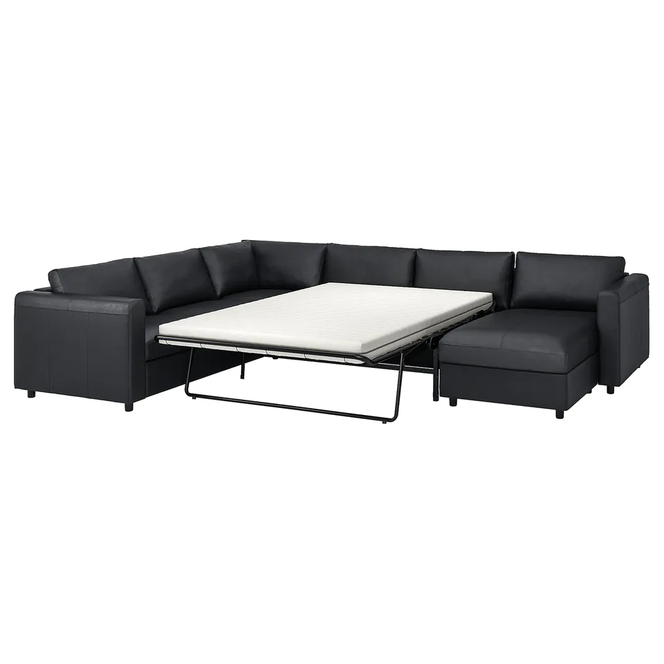 VIMLE sectional sofa, grey leather, l-shape with pull-out bed, modern design.