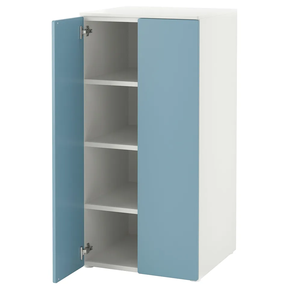 An open light blue and white SMÅSTAD cabinet with three shelves. It has a rectangular shape and soft-close doors.