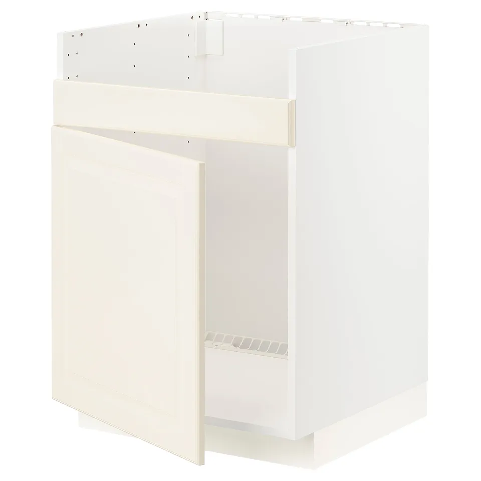 White METOD kitchen cabinet with bevelled edges, flat surface, and wire shelf, fully assembled.