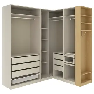 PAX corner wardrobe, grey-beige/grey-beige oak veneer, 210/180x236 cm