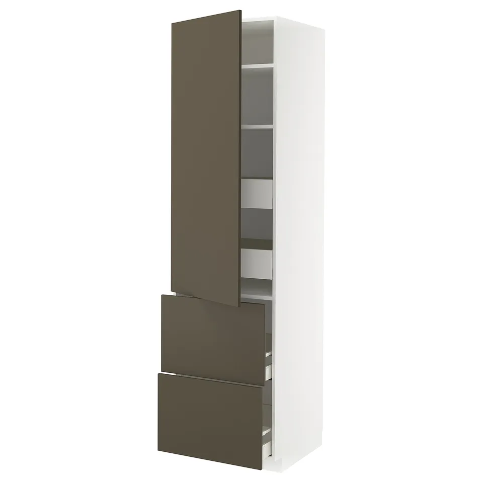 Modern tall kitchen unit, white with dark brown drawers and shelves.
