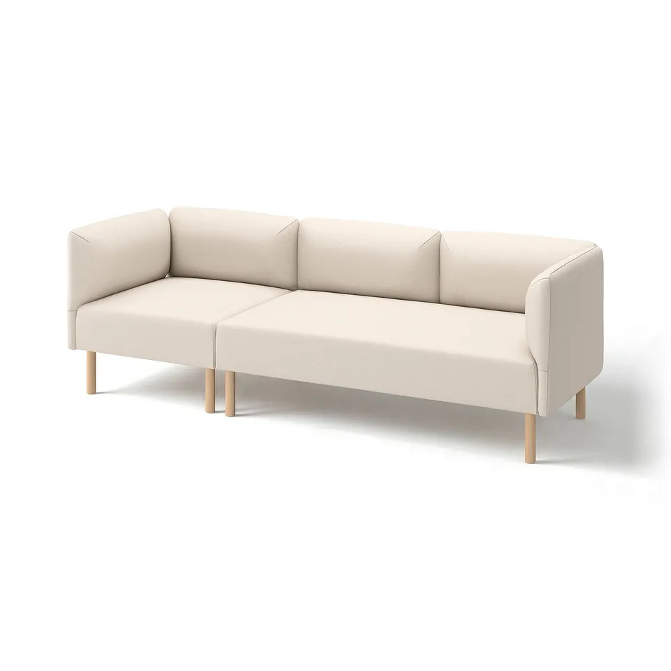 Modern off-white sofa with wooden legs, minimalist design.