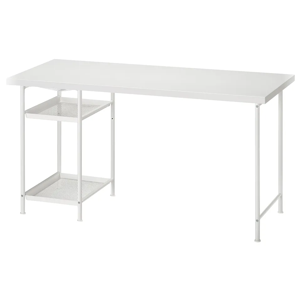 A white LAGKAPTEN desk with a rectangular top, two shelves, and metal legs.